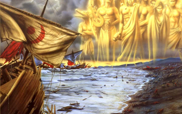 HD fantasy desktop wallpaper depicting a fleet of ships approaching a shore illuminated by towering, glowing golden gods in the sky.