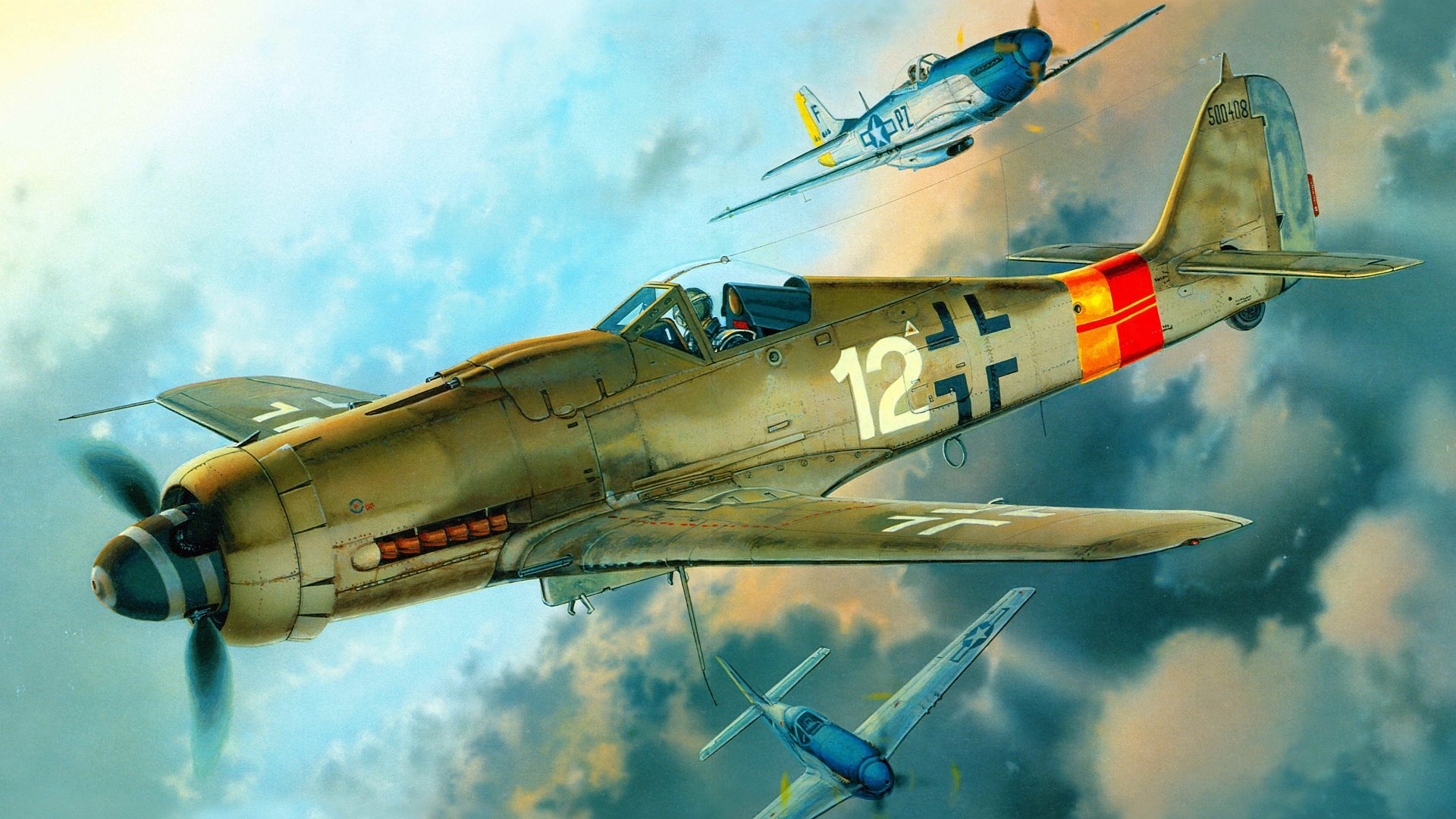 HD PC desktop wallpaper featuring military aircraft, showcasing a Focke-Wulf Fw 190 and two North American P-51 Mustangs in flight against a dynamic sky backdrop.