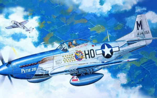 A vibrant HD desktop wallpaper showcasing a military aircraft in flight against a blue sky, featuring detailed artwork of a historic plane with a star insignia and distinctive markings.
