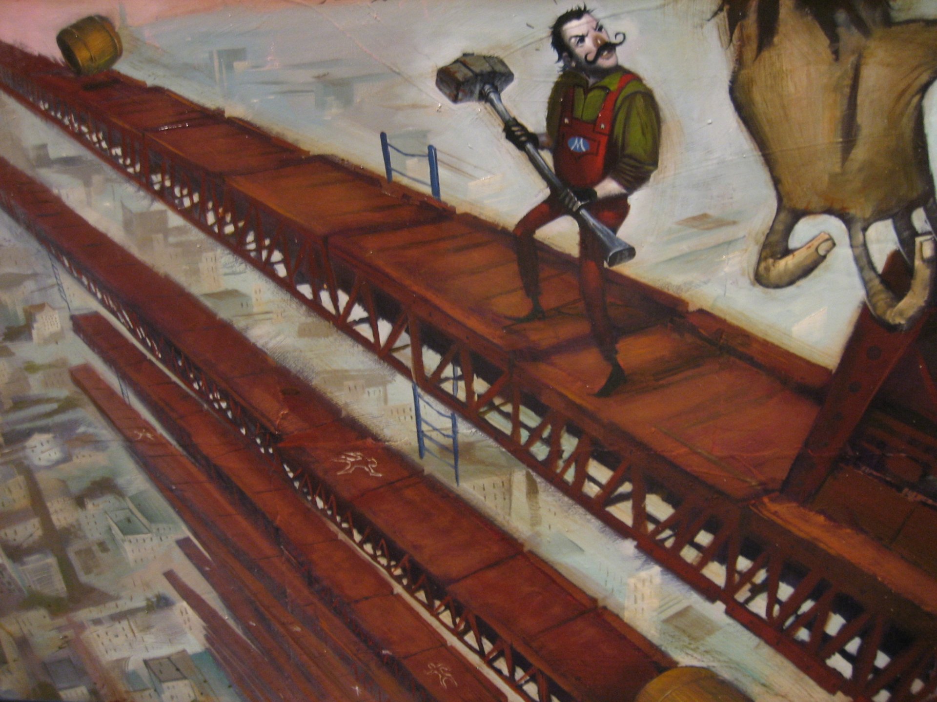 HD PC desktop wallpaper featuring a stylized Donkey Kong scene with the iconic bridge and character holding a hammer in a video game-inspired setting.