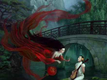 A captivating HD fantasy wallpaper featuring a mystical scene with a flowing red figure and a boy playing a lute, set against an oriental bridge and lush greenery.