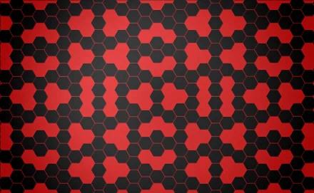 HD PC desktop wallpaper featuring an abstract pattern of red and black hexagons, creating a bold and dynamic geometric design.