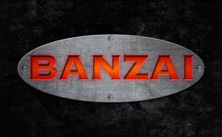 4K Ultra HD PC wallpaper featuring the word BANZAI in bold red and orange letters on a metallic oval plate against a dark textured background.