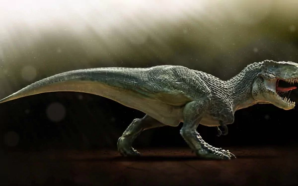 HD desktop wallpaper featuring a Tyrannosaurus Rex in stride, with dramatic lighting highlighting its textured skin and powerful form against a dark background.