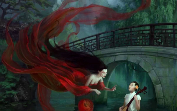 A captivating HD fantasy wallpaper featuring a mystical scene with a flowing red figure and a boy playing a lute, set against an oriental bridge and lush greenery.
