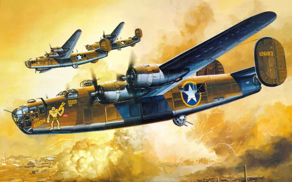 4K Ultra HD military wallpaper featuring two Consolidated B-24 Liberator bombers flying through a dramatic, cloudy sky during WWII.