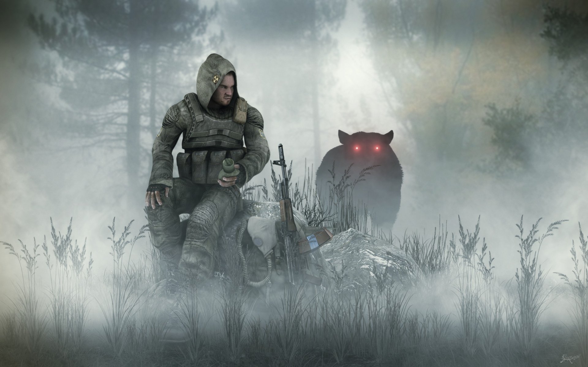 A atmospheric HD desktop wallpaper featuring a character from the video game S.T.A.L.K.E.R., sitting in a foggy landscape with a mysterious creature in the background.