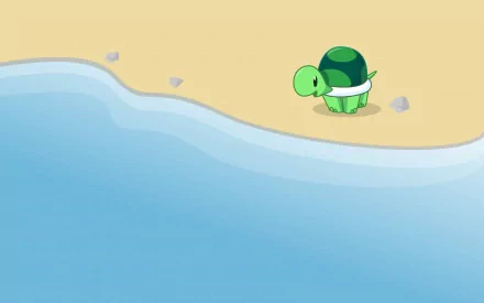 HD desktop wallpaper depicting a cute green turtle standing on a sandy beach with a blue ocean in the foreground.