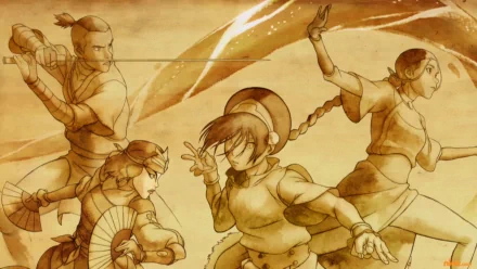 A dynamic illustration featuring Sokka, Suki, Toph Beifong, and Katara from Avatar: The Last Airbender, set against an artistic background, showcasing their skills and camaraderie.