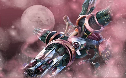HD PC desktop wallpaper featuring Oerba Dia Vanille from the video game Final Fantasy XIII, depicted with a futuristic weapon against a pink, moonlit sky.