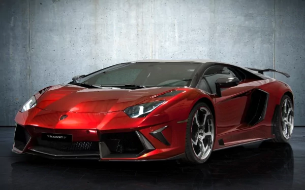 HD desktop wallpaper featuring a striking Lamborghini Aventador, showcasing its sleek, red exterior, designed for high performance and luxury. The car stands against a minimalist, textured grey background.