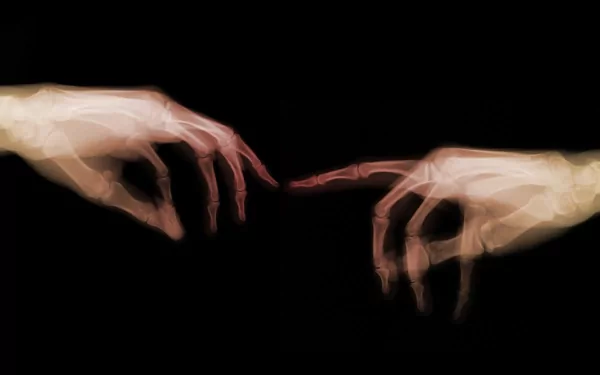 HD desktop wallpaper featuring two skeletal hands reaching towards each other against a dark, creepy background.