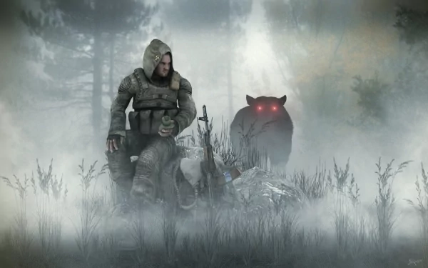 A atmospheric HD desktop wallpaper featuring a character from the video game S.T.A.L.K.E.R., sitting in a foggy landscape with a mysterious creature in the background.
