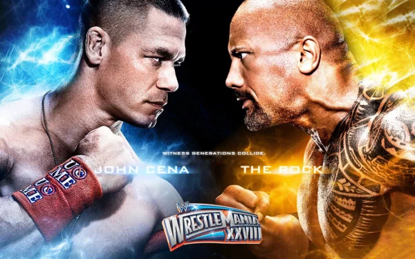 WWE Sports HD wallpaper featuring two wrestlers face-to-face with intense expressions, promoting WrestleMania XXVIII.