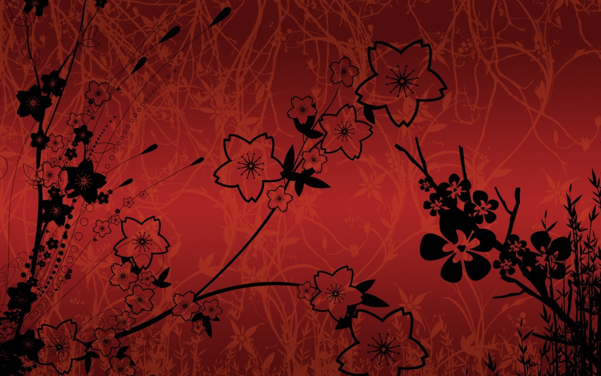 Artistic floral design with black and dark red blossoms on a deep red background, presented as a detailed HD PC desktop wallpaper and background.