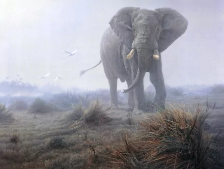 Artistic HD desktop wallpaper of a majestic elephant walking through misty grassland with birds flying nearby, capturing the beauty of wildlife in soft hues.