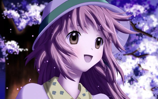 Kobato (Anime) character smiling beneath glowing cherry blossoms, purple hair and hat — 2K Quad HD PC desktop wallpaper/background, anime style.