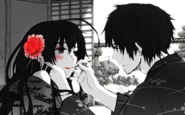 Anime-style HD PC desktop wallpaper featuring two characters from Hetalia Axis Powers in a tender moment, with a grayscale background and a vivid red flower.