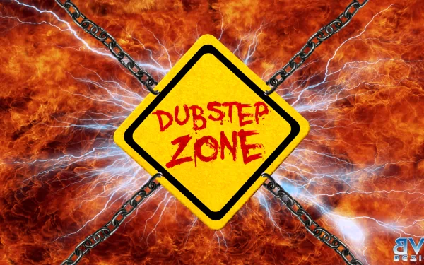A vibrant HD wallpaper featuring a fiery background with chains, showcasing a bold yellow sign that reads DUBSTEP ZONE, capturing the energetic essence of dubstep music.