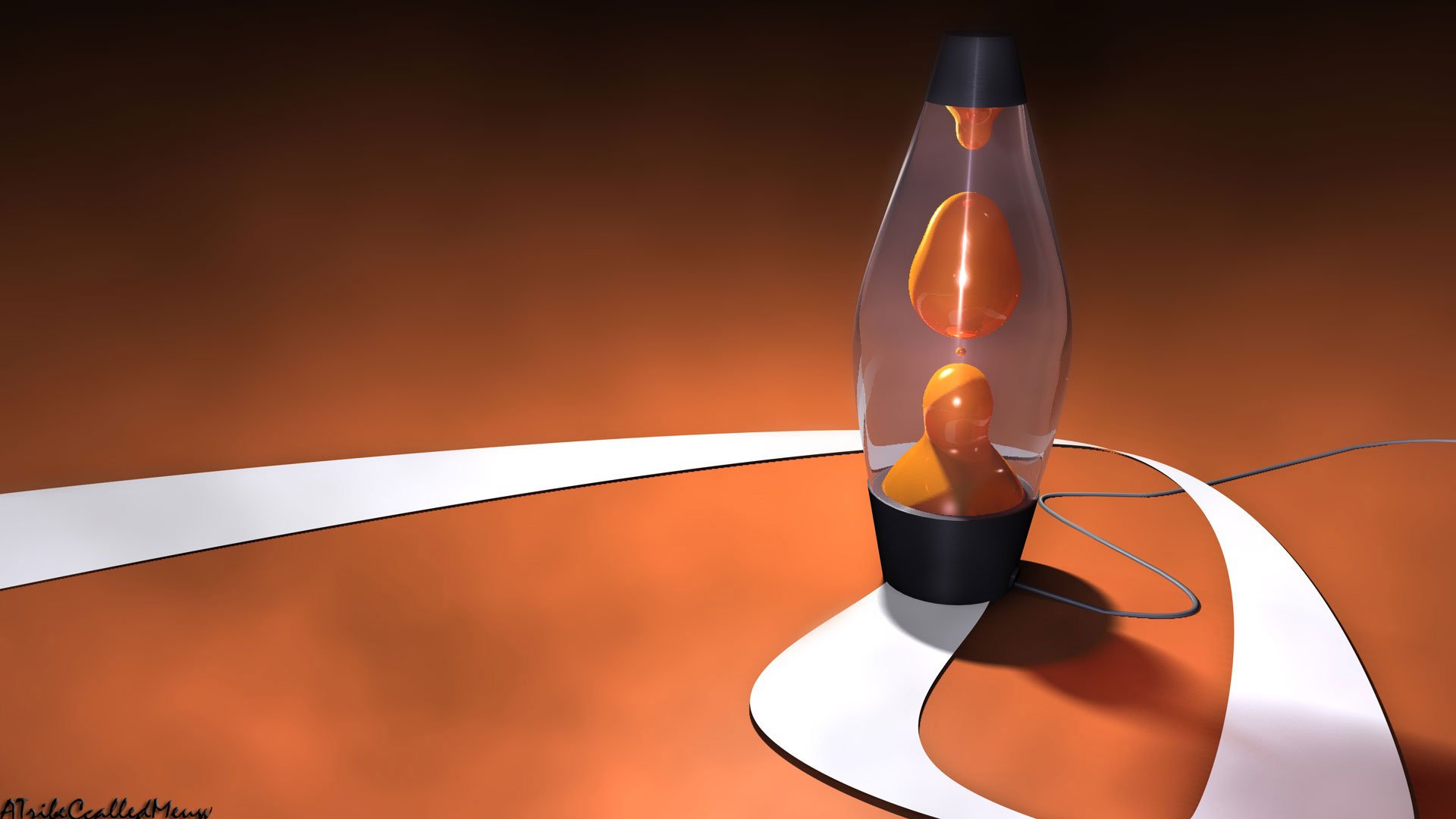 HD PC desktop wallpaper background showing a man-made lava lamp on an orange surface with a white curved stripe, soft shadow and visible power cord.