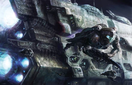 Artistic sci-fi HD desktop wallpaper showcasing a futuristic armored soldier with glowing blue eyes leaping in front of a massive, detailed spaceship in deep space.