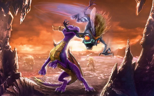 Cute purple Spyro dragon rears to strike a winged foe in a fiery cavern — HD PC desktop wallpaper from the video game The Legend of Spyro: Dawn of the Dragon.
