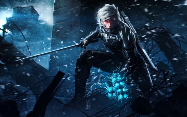 A striking HD wallpaper from Metal Gear Rising: Revengeance, featuring a fierce character wielding a sword amidst a dark, energetic setting.