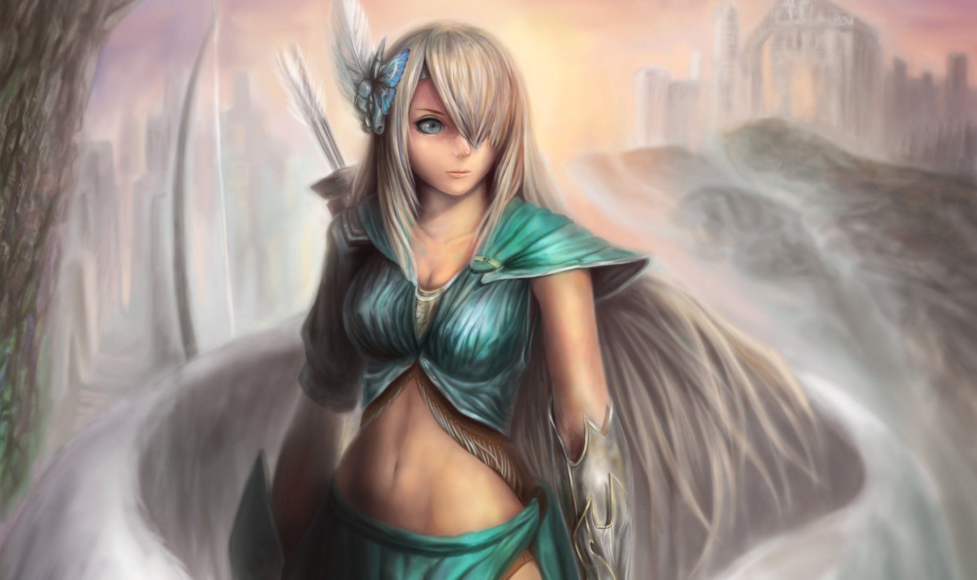 HD fantasy PC desktop wallpaper of a determined woman with silver hair, teal armor, and large wings, set against a misty, ethereal cityscape background.