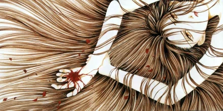 Anime HD PC desktop wallpaper/background featuring Ayashi no Ceres: a pale girl with cascading chestnut hair sprawled across the frame, her hand stained with blood amid scattered red petals.