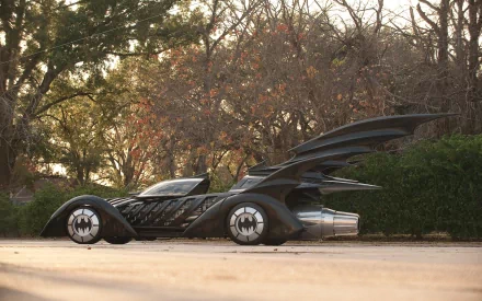 A sleek black Batmobile parked amidst autumn foliage, showcasing its iconic design. This HD image serves as a striking PC desktop wallpaper and background.