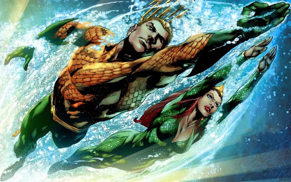 HD wallpaper featuring Mera and Aquaman from DC Comics, depicted swimming through vibrant water, showcasing their dynamic powers and heroism.