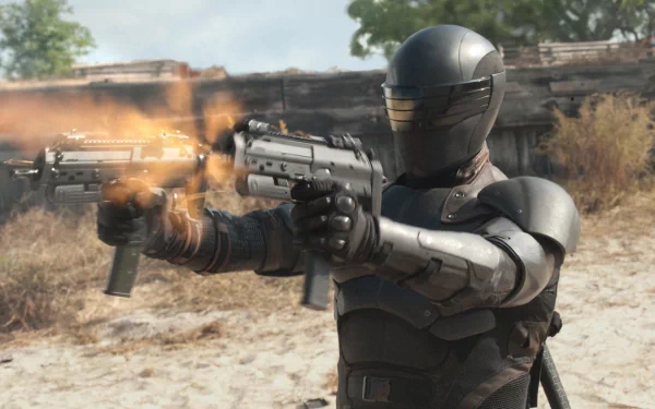 HD PC desktop wallpaper from the movie G.I. Joe: Retaliation — armored, helmeted soldier firing twin pistols amid a dusty battlefield.