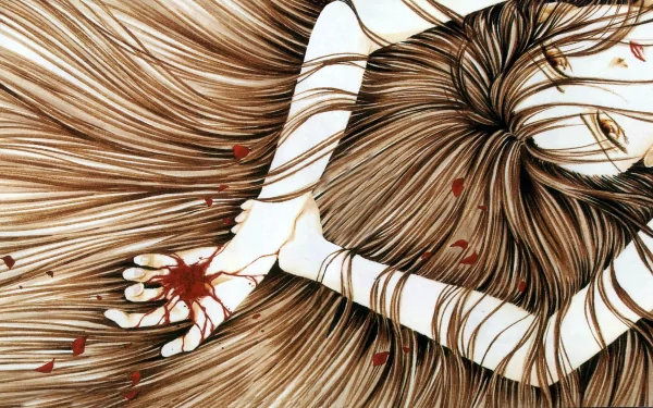 Anime HD PC desktop wallpaper/background featuring Ayashi no Ceres: a pale girl with cascading chestnut hair sprawled across the frame, her hand stained with blood amid scattered red petals.