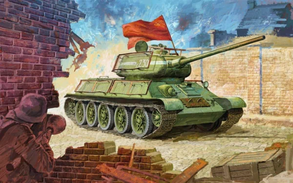 HD desktop wallpaper featuring a military T-34 tank advancing through a war-torn urban battlefield with soldiers and a red flag waving atop the tank.