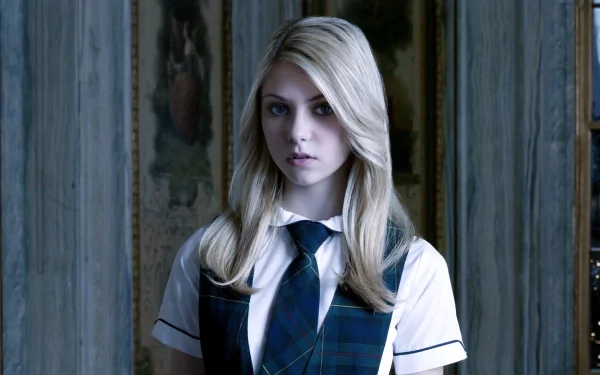 HD PC desktop wallpaper featuring Taylor Momsen in a music-themed setting, dressed in a school uniform with a serious expression against a vintage background.
