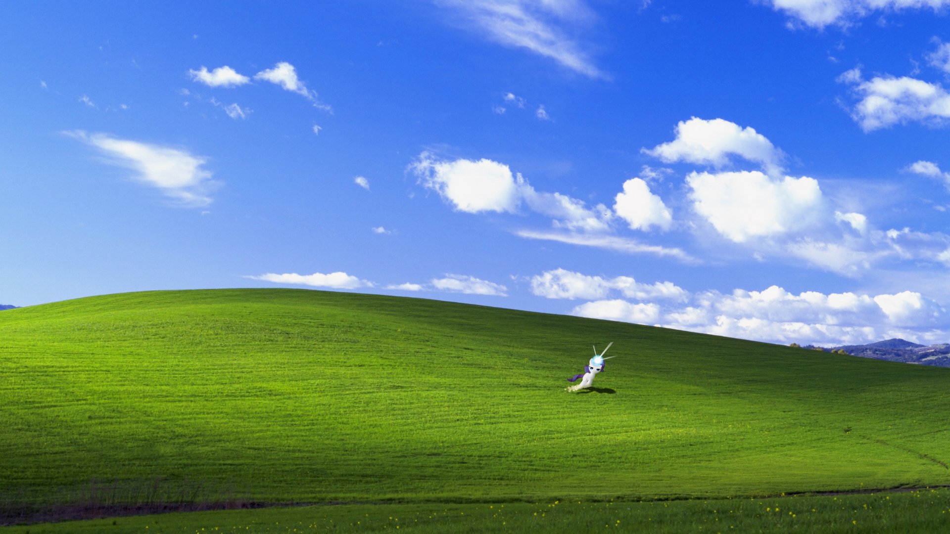 A vibrant 4K Ultra HD landscape wallpaper blending Windows-style green hills and blue sky with a magical vector of Rarity from My Little Pony: Friendship Is Magic.