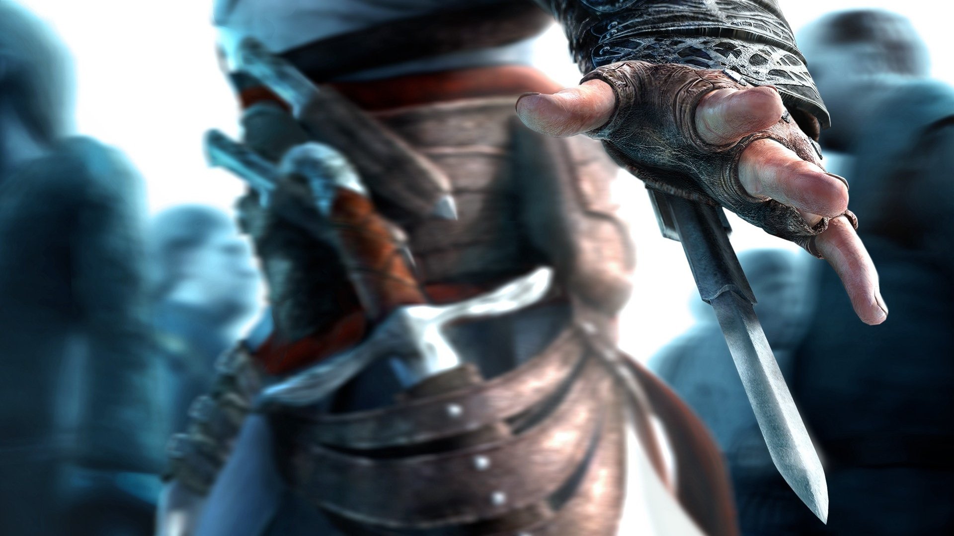 A dynamic HD wallpaper featuring a character from the Assassin's Creed video game series, showcasing intricate detail in the armor and weaponry. The atmosphere is tense and engaging.