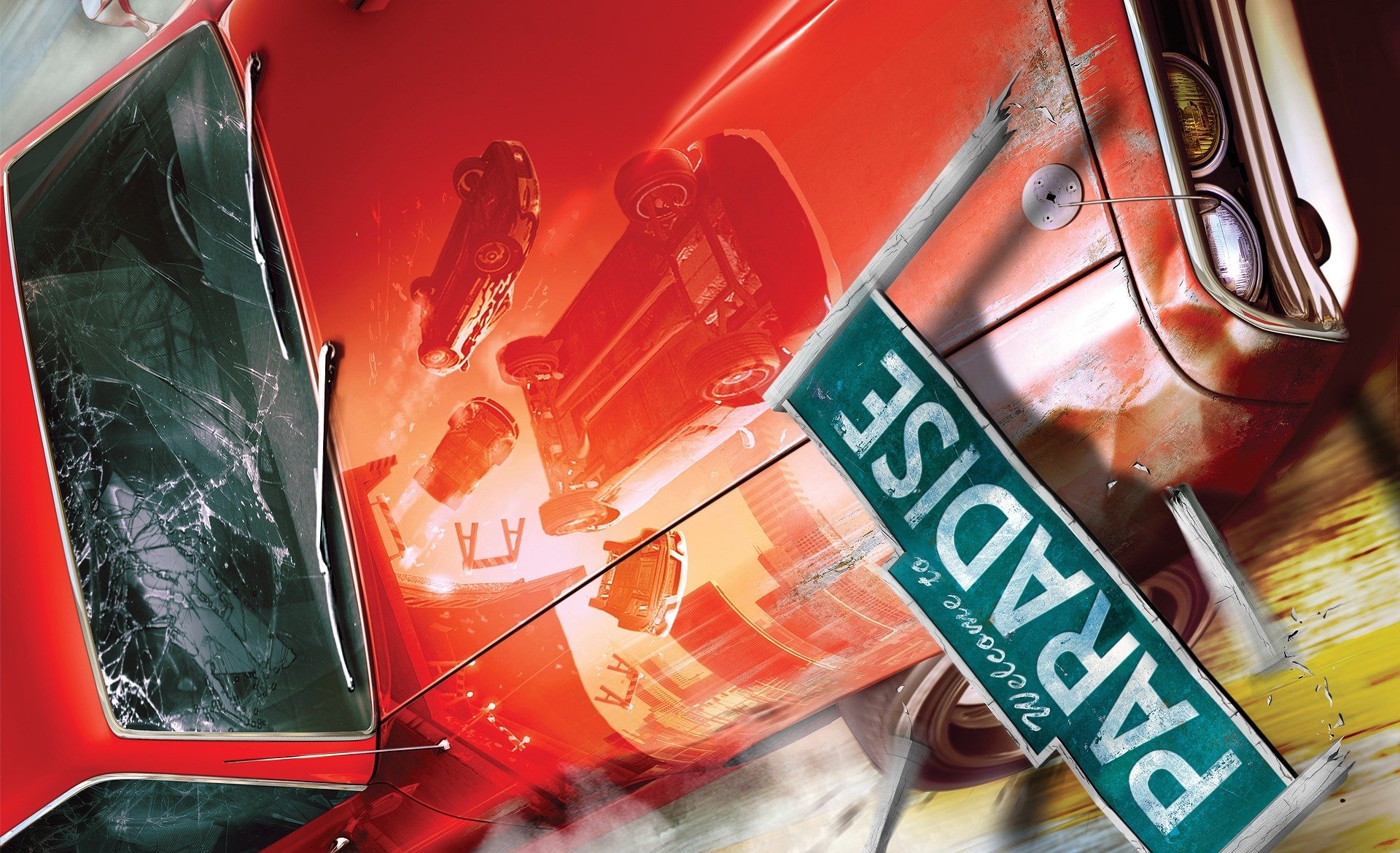 Burnout Paradise video game HD PC desktop wallpaper: red muscle car mid-crash with a PARADISE license plate, shattered windshield and reflected wreckage on the glossy hood.