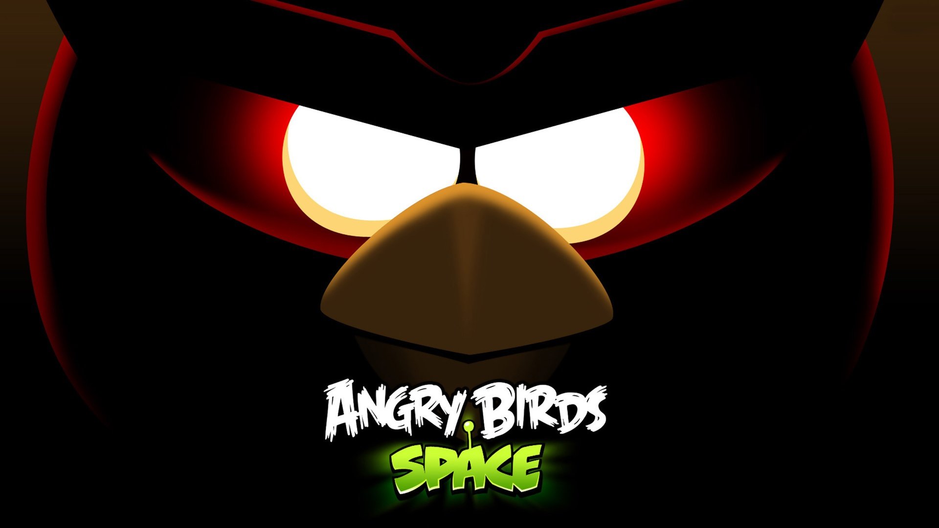 HD PC desktop wallpaper and background for the video game Angry Birds Space: close-up of a menacing red space bird's glowing eyes and beak above the logo.