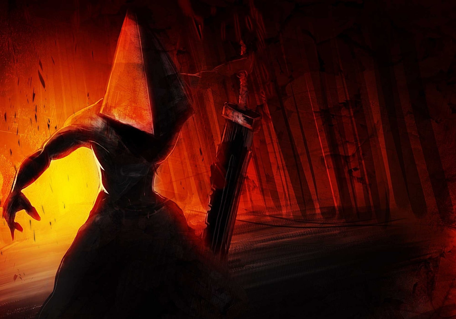 HD PC desktop wallpaper featuring Pyramid Head from the Silent Hill video game, set in a dark, eerie environment with intense orange and red lighting.