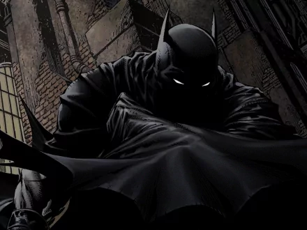 HD desktop wallpaper featuring Batman in a dark, intense DC Comics illustration. Bruce Wayne's alter ego, Batman, stands vigilant with glowing eyes, set against a gritty urban backdrop.