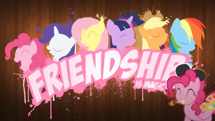 Colorful HD wallpaper featuring characters from My Little Pony: Friendship Is Magic, including Rainbow Dash, Rarity, Fluttershy, Applejack, Twilight Sparkle, and Pinkie Pie.