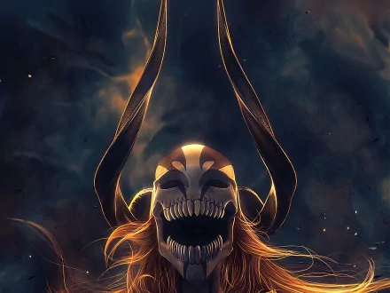 HD desktop wallpaper of Ichigo Kurosaki from the anime Bleach, featuring an intense, dark background with Ichigo in a dramatic, powerful pose, exuding a surreal and menacing aura.
