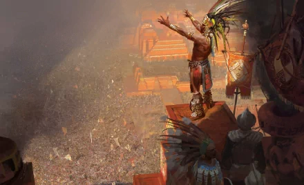 HD PC desktop wallpaper featuring a vibrant Age of Empires scene with an indigenous leader overlooking a vast ancient city and crowd below.