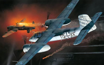 HD military desktop wallpaper showcasing two World War II-era aircraft in aerial combat against a dark, fiery sky background.