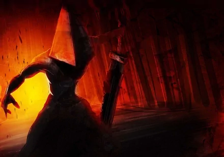 HD PC desktop wallpaper featuring Pyramid Head from the Silent Hill video game, set in a dark, eerie environment with intense orange and red lighting.
