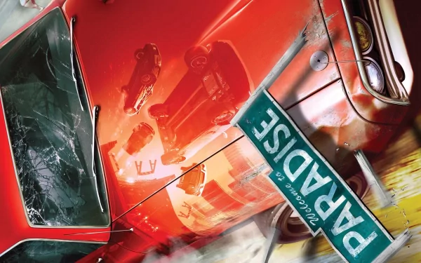 Burnout Paradise video game HD PC desktop wallpaper: red muscle car mid-crash with a PARADISE license plate, shattered windshield and reflected wreckage on the glossy hood.