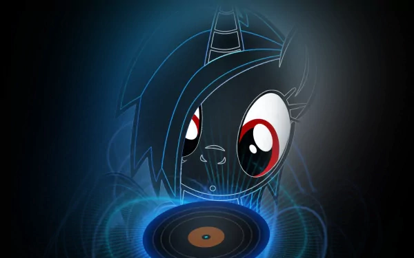 Vector art of DJ Pon-3 (Vinyl Scratch) from My Little Pony: Friendship Is Magic spinning a glowing vinyl record, designed as an HD PC desktop wallpaper background.