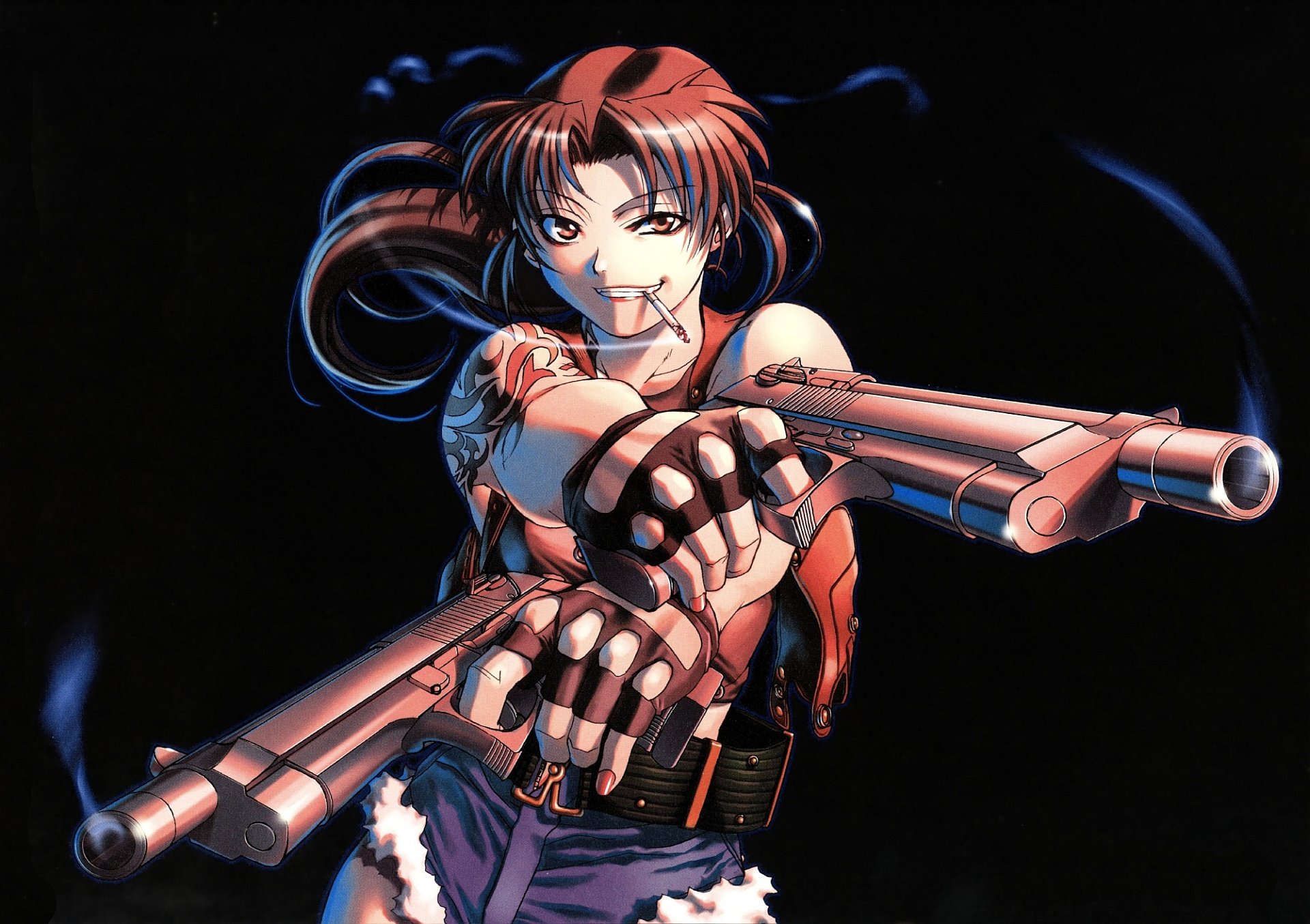 Anime, Black Lagoon — HD PC desktop wallpaper and background: Revy fires twin pistols with a fierce grin against a dark backdrop.