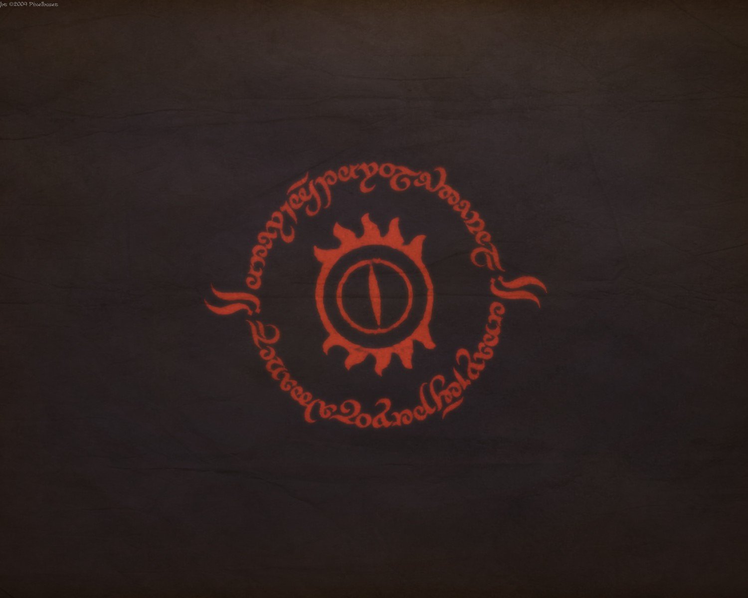 HD PC desktop wallpaper featuring the iconic fiery Eye of Sauron surrounded by Elvish script from The Lord of the Rings movie.